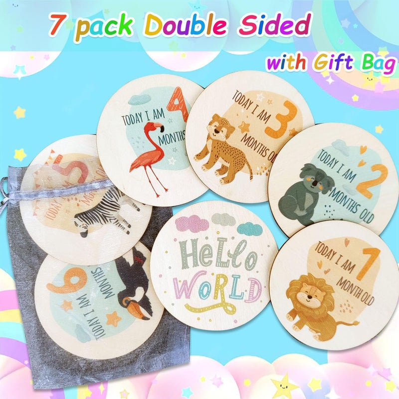RORANIC Baby Monthly Milestone Cards for Newborn Girl or Boy,Safari Monthly Baby Milestone Cards Baby Anniversary Signs,Baby Shower Cards Come with Organza Gift Bag (Milestone Wooden Circles) - Image 2